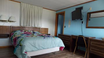 A bedroom with a bed, a desk, a chair, a television, and a mirror.