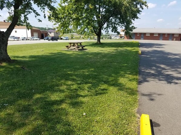 A grassy area with a picnic table, a tree, and a building in the background. - Melody Motor Lodge (Connellsville)