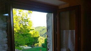 Una ventana con vistas a un jardín y árboles.