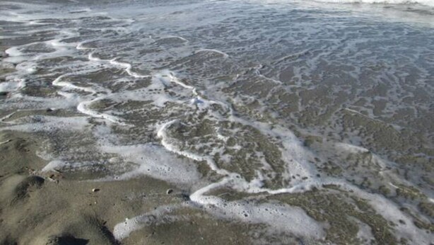 Una spiaggia con le onde che lambiscono dolcemente la riva.