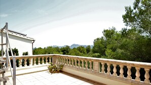 Un balcone con pavimento piastrellato, ringhiera e vaso con pianta.
