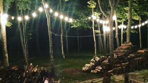 Eine Steinterrasse mit blauem Stuhl, Lagerfeuer und Holzstapel.