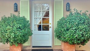 Puerta principal de color azul claro, flanqueada por dos macetas grandes con plantas, y una ventana con cortinas blancas.