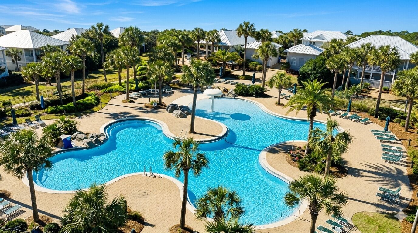 Un complexe hôtelier doté d’une grande piscine, de palmiers et de chaises de plage.