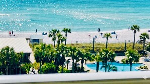 Blick auf einen Strand mit Palmen, einem Swimmingpool und einem Gebäude mit schrägem Dach.