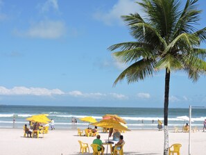 Une plage avec des parasols et des chaises de couleur jaune, des palmiers et l’océan.
