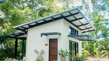 A modern two-story house with a sloped roof, large windows, and a wooden door.