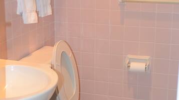 Un bagno con un water bianco, un lavandino e un porta asciugamani.