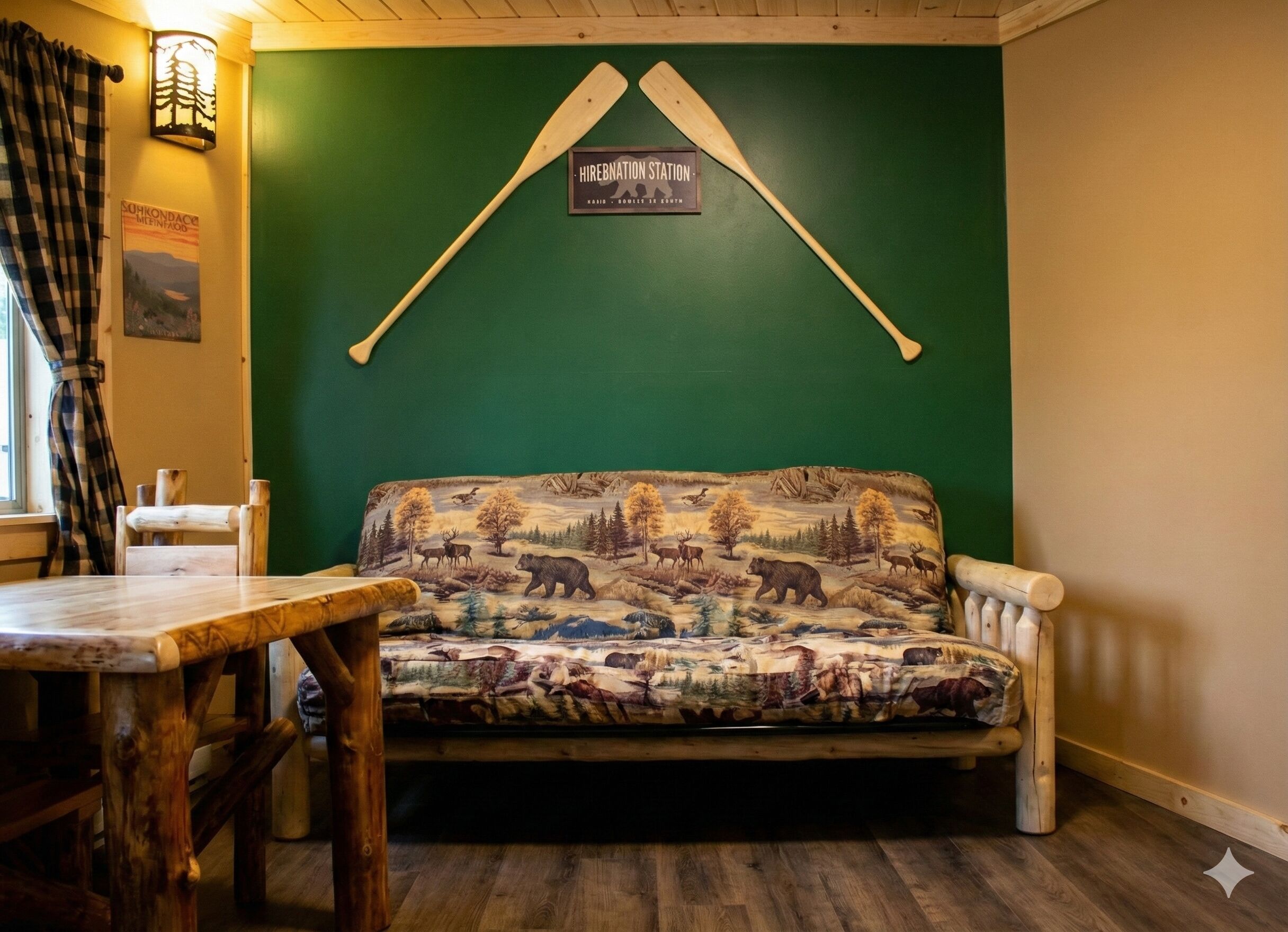Una habitación acogedora con una pared verde, un sofá de madera con estampado de fauna, una mesa de madera y un letrero que dice "HIREBNATION STATION".