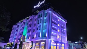 Un hotel de varios pisos con un letrero llamativo que dice "Golden Tulip".