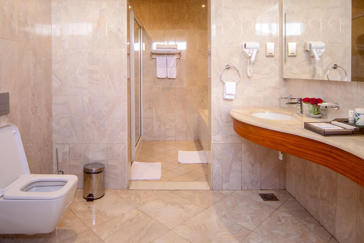 eco-friendly toiletries, hair dryer, bathrobes, slippers