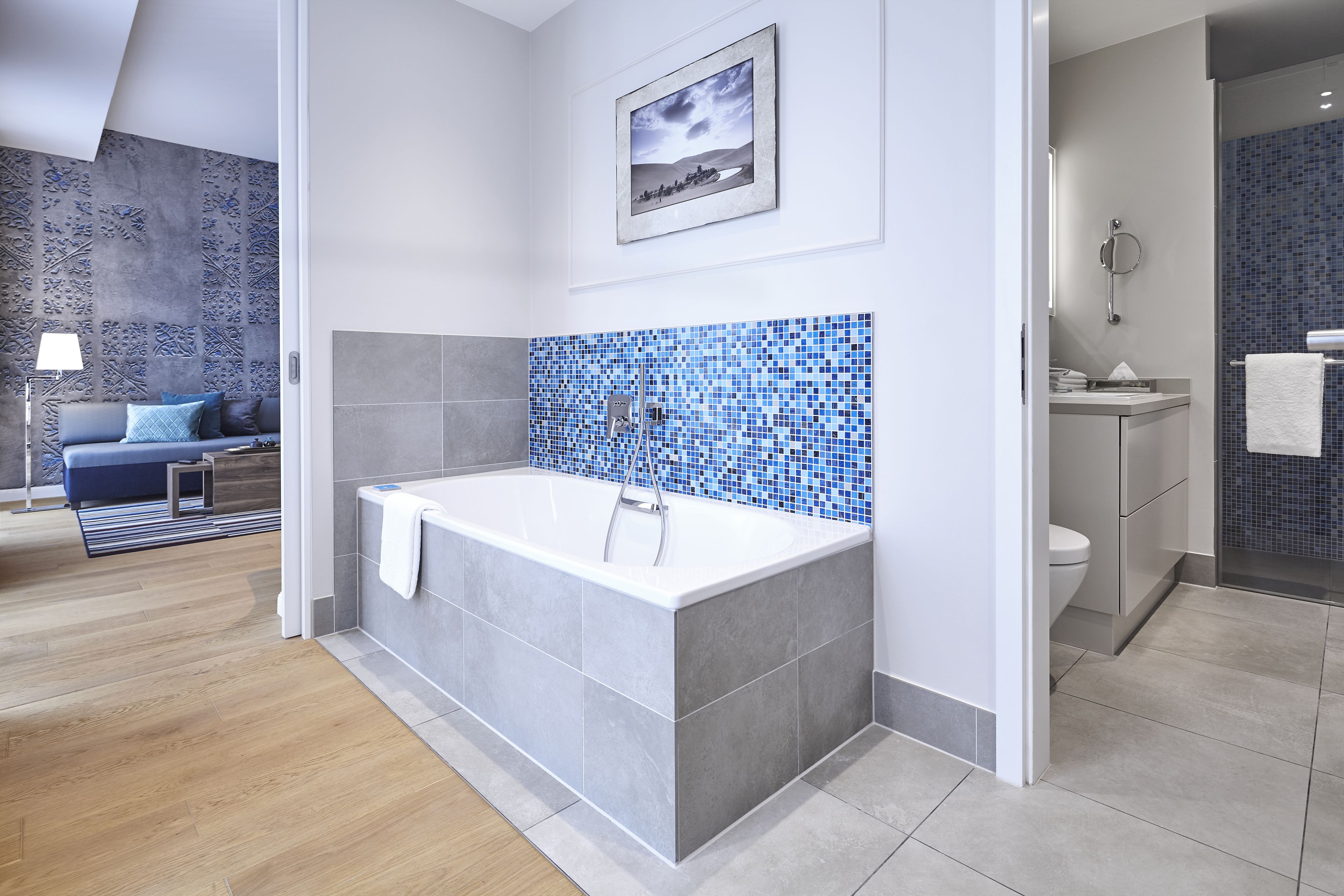 shower, rainfall showerhead, designer toiletries, hair dryer