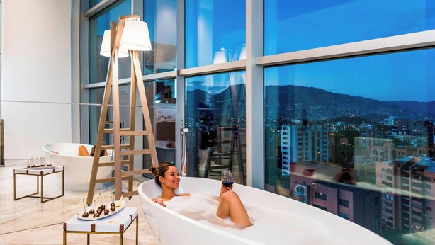Une salle de bain moderne avec une grande baignoire, une échelle en bois et une vue sur la ville grâce à de grandes fenêtres.