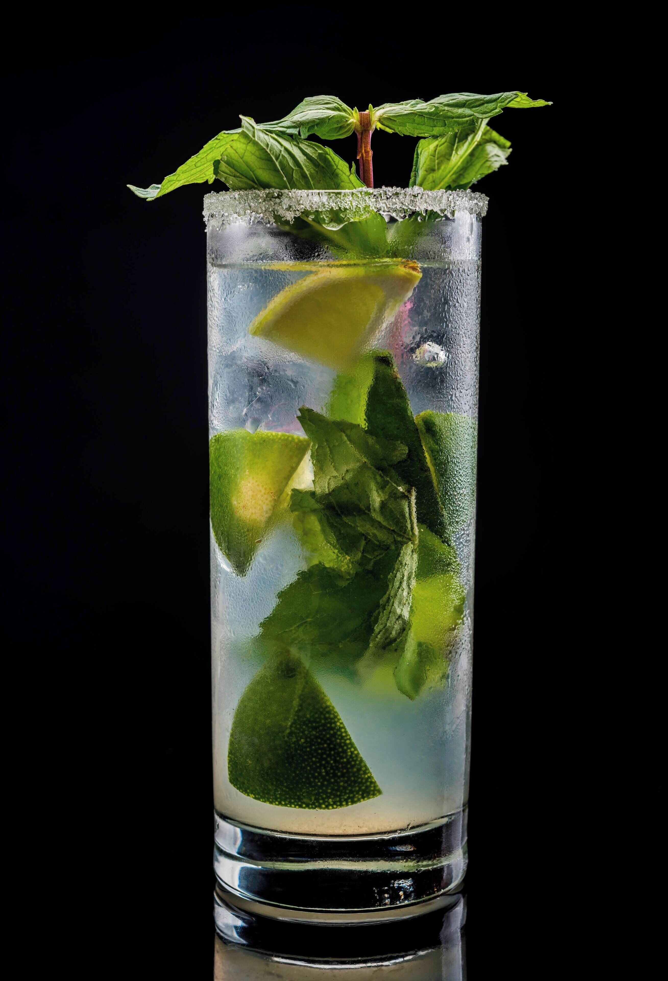 A tall glass with a lime wedge, mint leaves, and ice cubes.