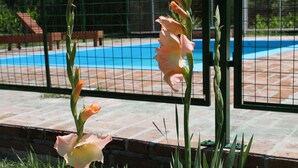 A pool area with a brick border and a wire fence. - Cabañas El Algodonal (Nono)