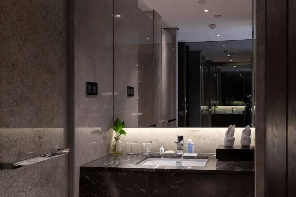 Un baño moderno con encimera de mármol, un espejo grande y una planta en maceta.