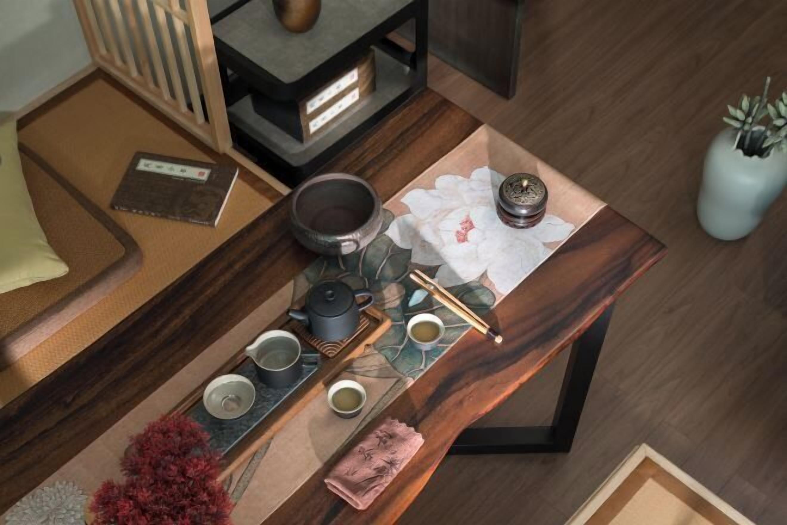 A wooden table with a tea set, including cups, a teapot, and a tray.