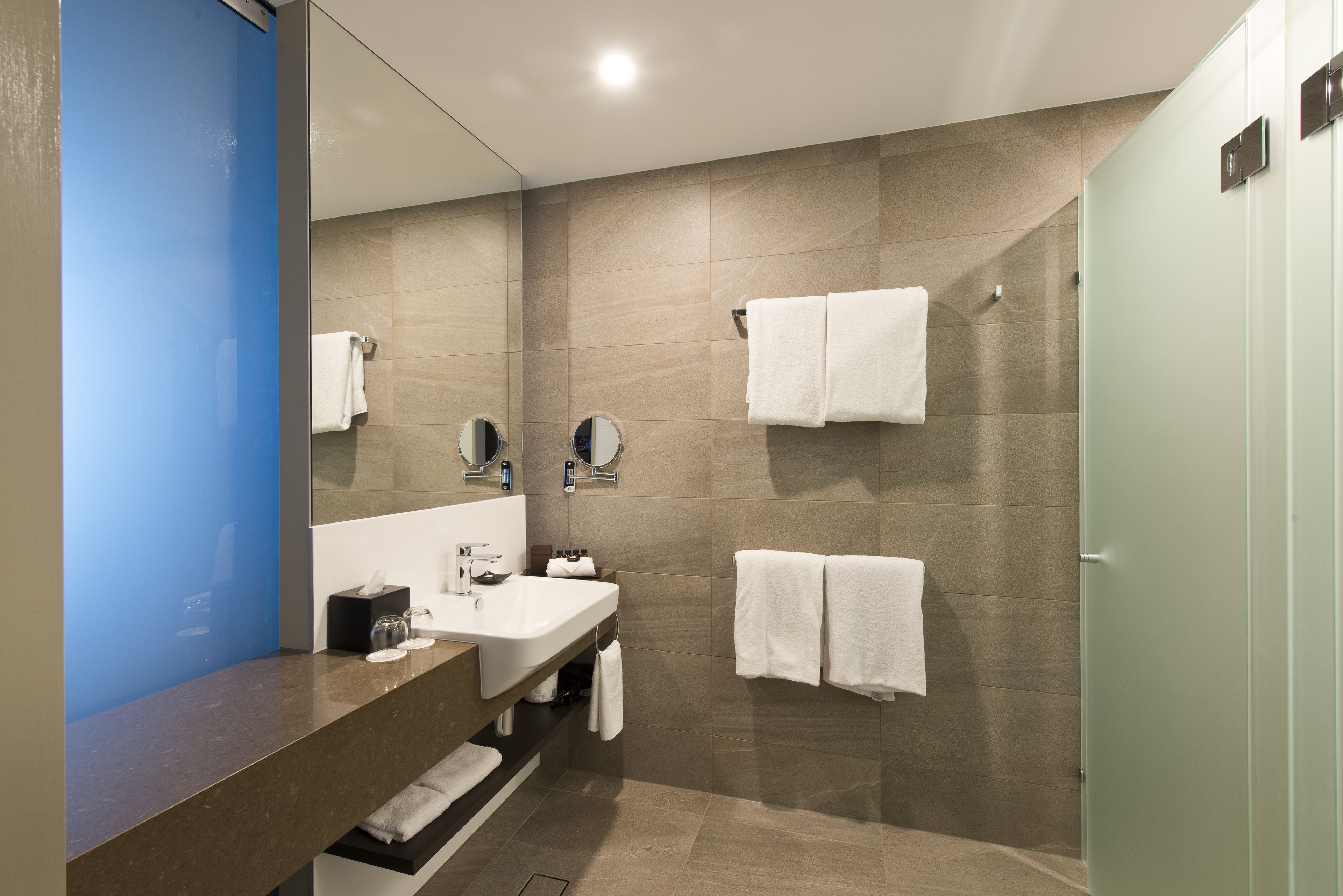 shower, designer toiletries, hair dryer, bathrobes