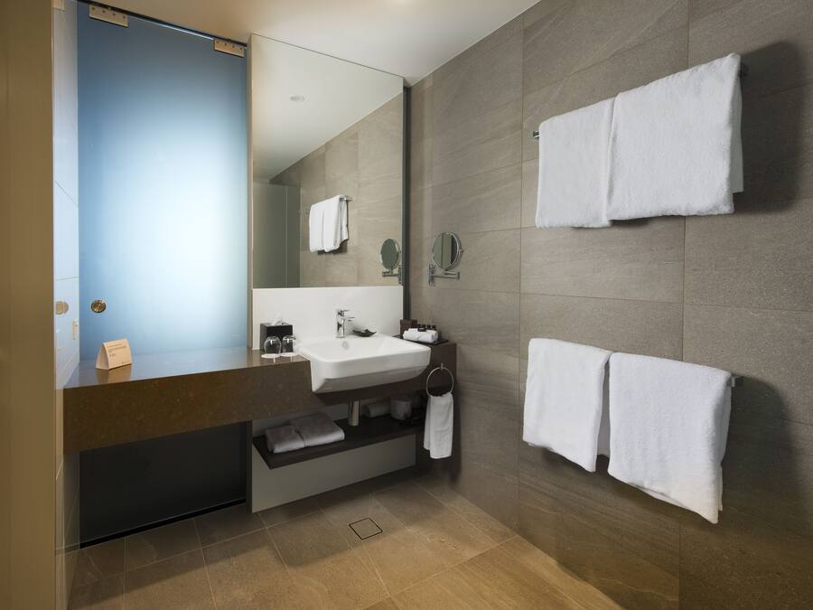 A modern bathroom with a large mirror, a sink, and two towel racks.