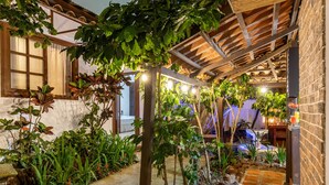 Un jardín al aire libre con una pérgola, diversas plantas y un camino de piedra.
