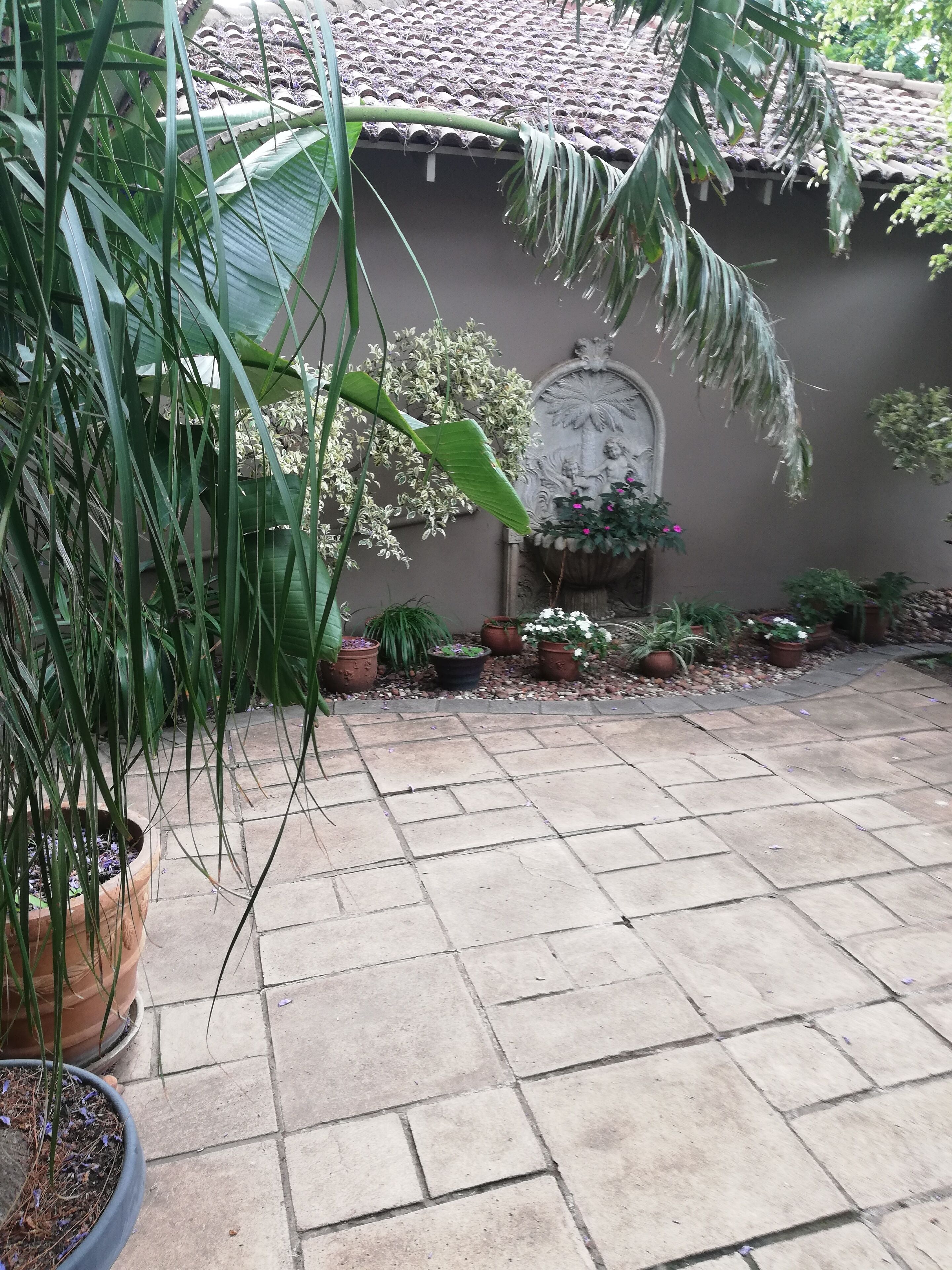 Un patio con suelo de baldosas, plantas en macetas y una pared decorativa.
