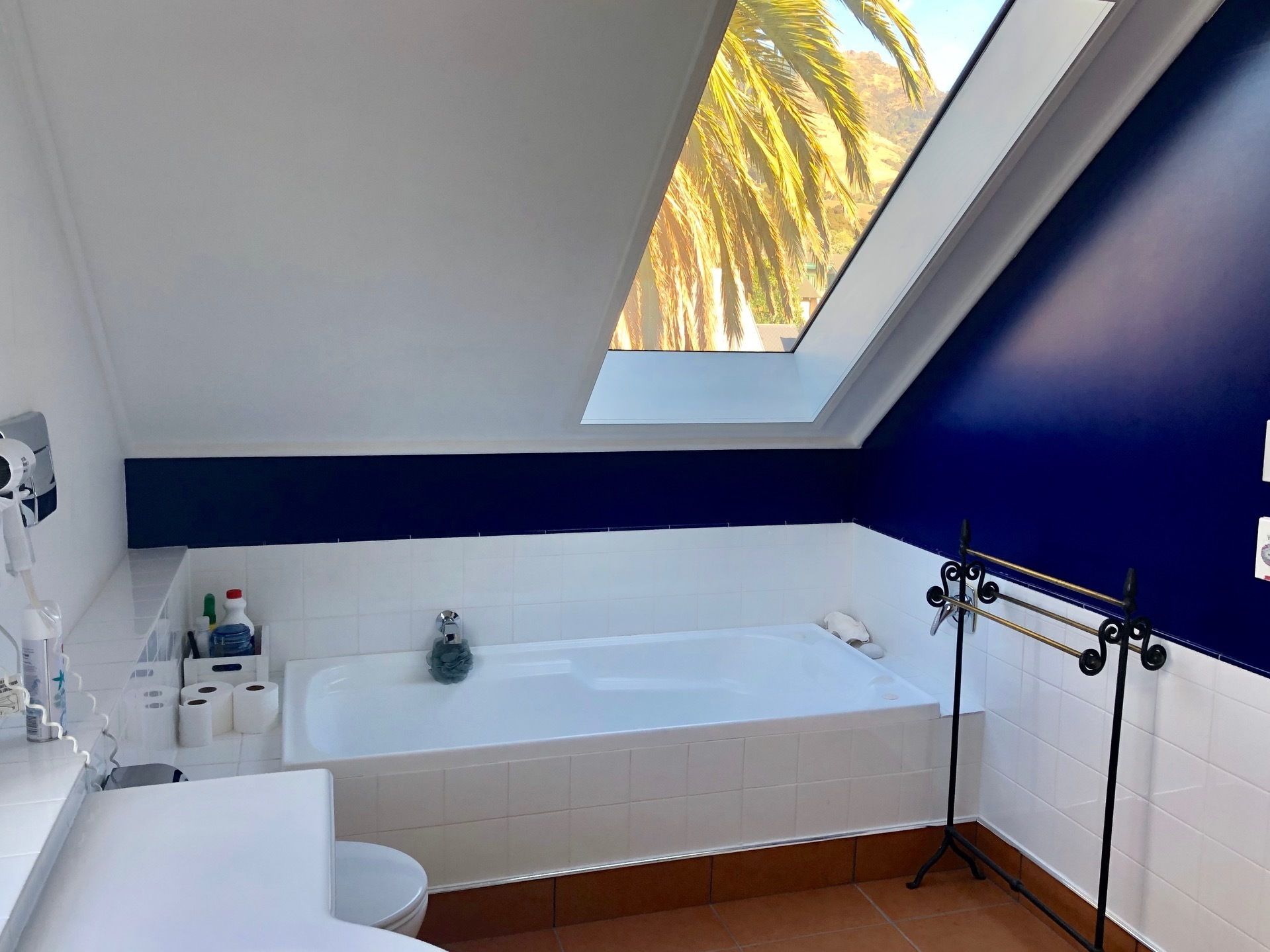 Une salle de bain moderne avec une lucarne, une baignoire, des toilettes et un lavabo.