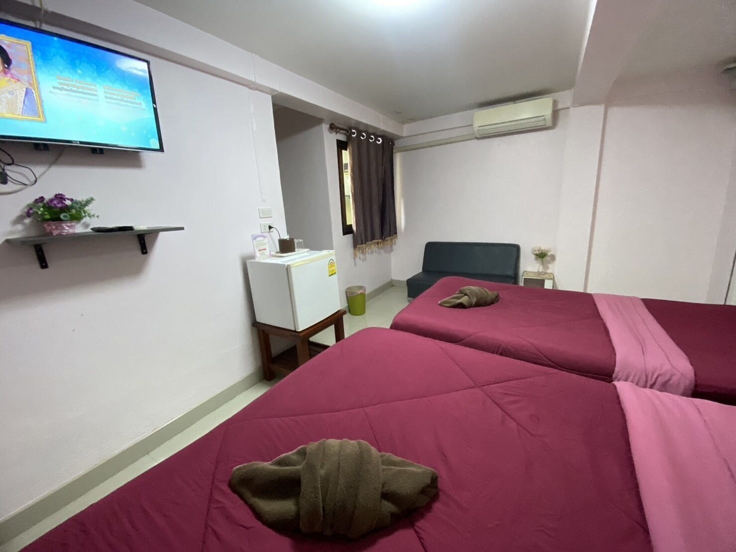 Ett hotellrum med två sängar, ett skrivbord, en tv och en liten växt.