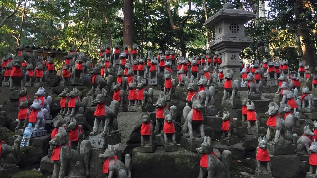 A large outdoor area with numerous stone statues of animals, possibly deer, arranged in rows.