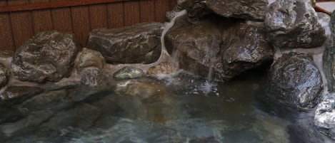 Un espace aquatique aux eaux claires, agrémenté de rochers et doté d’un décor en bois.