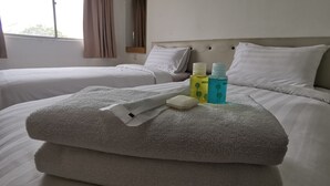 Une chambre d’hôtel avec deux lits, une grande fenêtre et une vue sur l’extérieur.