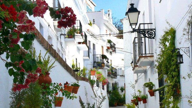 Una calle estrecha con edificios blancos, balcones con plantas en macetas y flores colgantes.