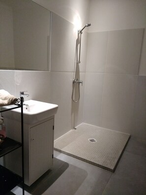 Suihkun ja ammeen yhdistelmä, hiustenkuivaaja, pyyhkeet