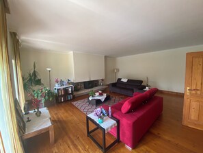 Un salon avec un canapé rouge, un fauteuil noir, une cheminée et un plancher en bois.
