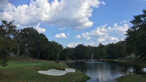 Um campo de golfe com lago, áreas de areia e haste de bandeira.