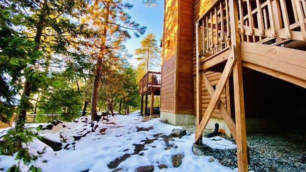 A wooden cabin with a deck and a staircase leading to a covered entrance. - Cozy Idyllwild Log Cabin w/ A/C & EV Charger (Idyllwild)