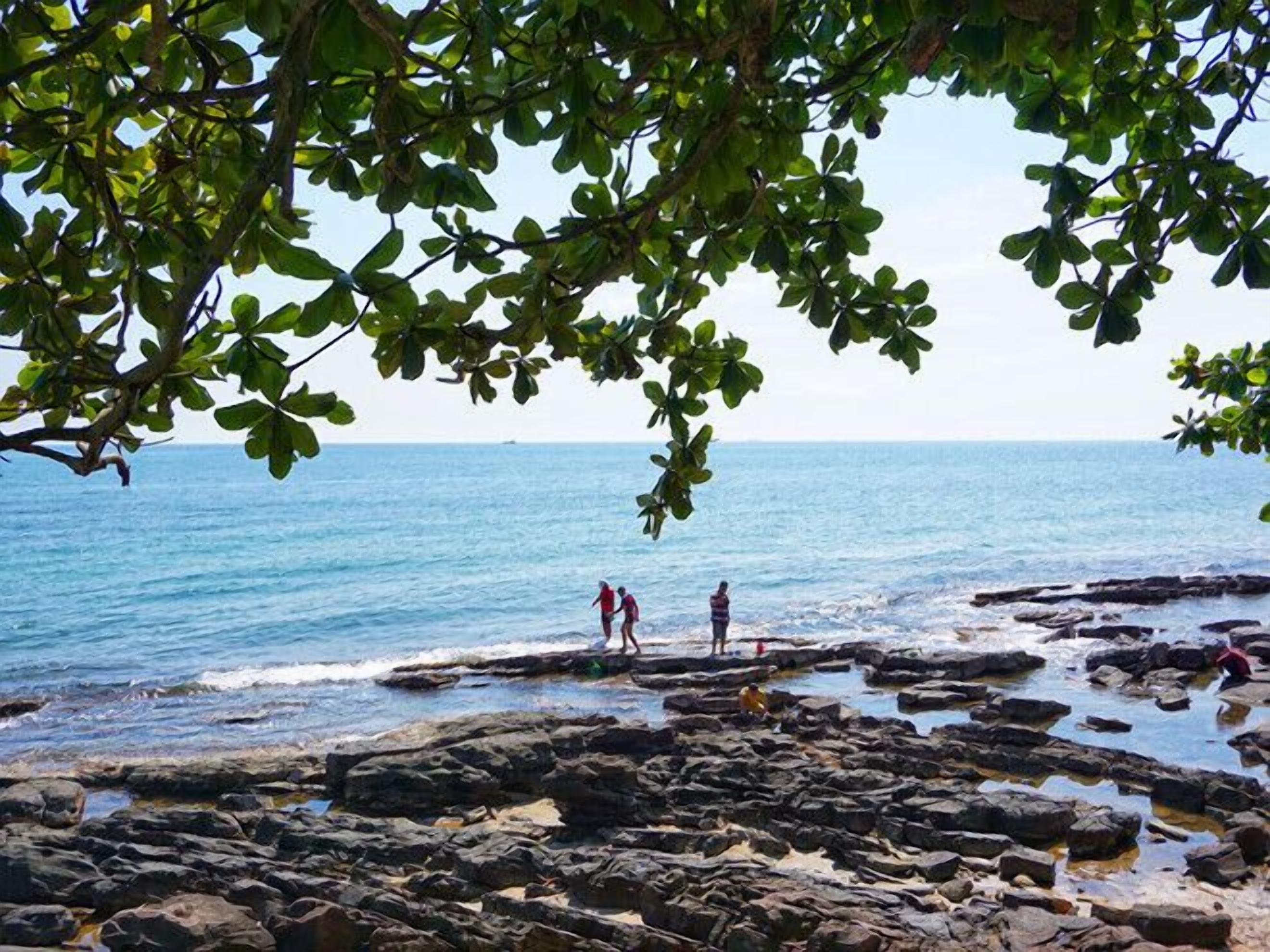 A rocky beach with people walking along the shore.