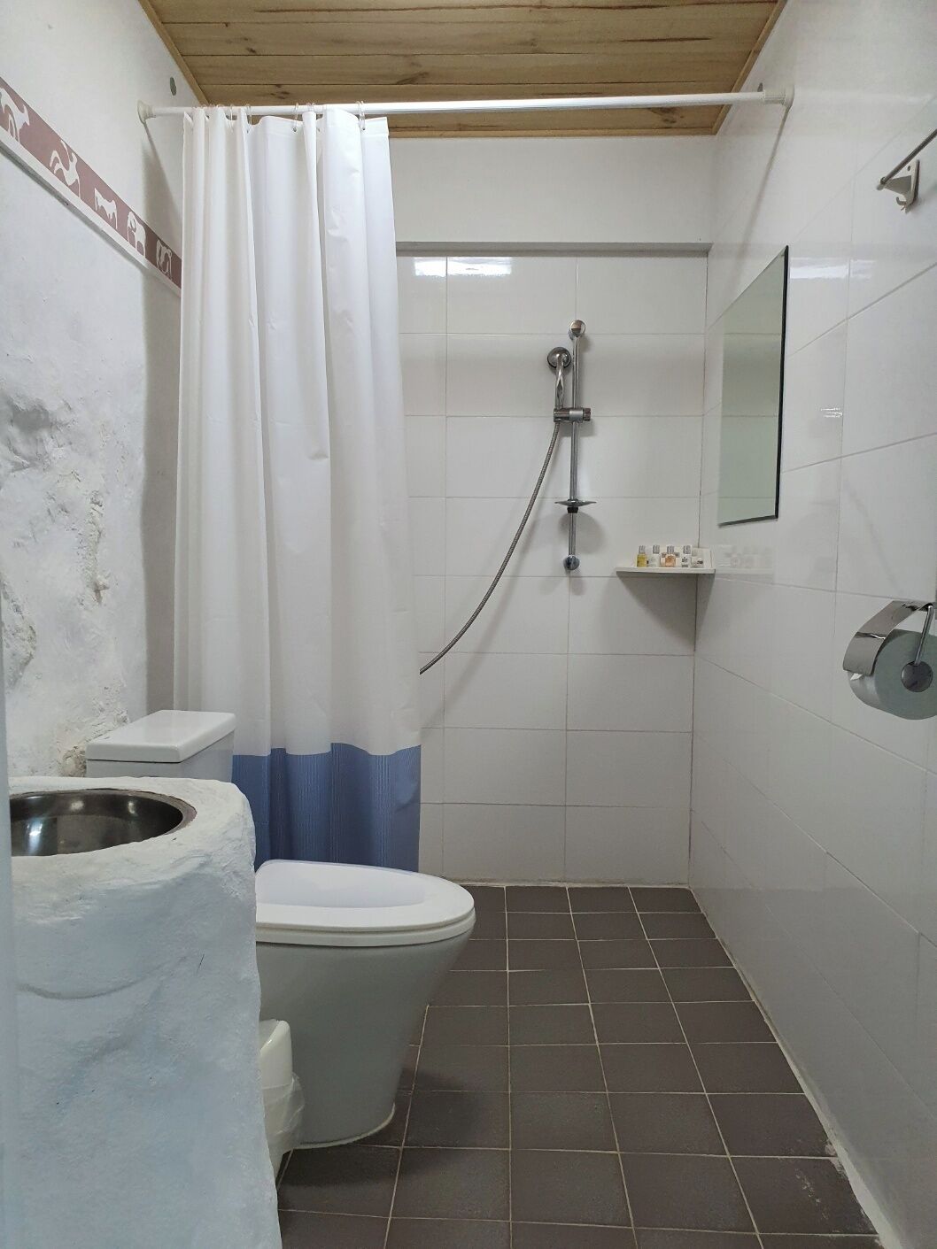 Et lille badeværelse med toilet, bruser og vask.