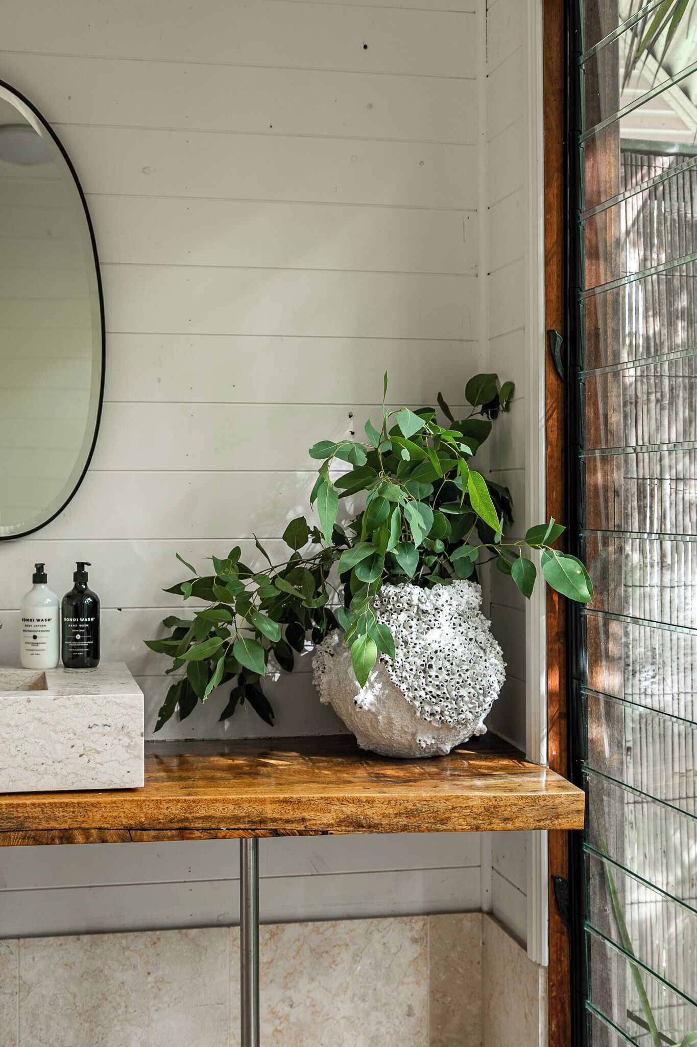 Un tocador de baño con encimera de mármol blanco, una planta en maceta y dos botellas de jabón para manos.