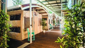 A covered outdoor area with wooden flooring, green chairs, and potted plants. - The Eco Beachcamp Retreat (Eurong)