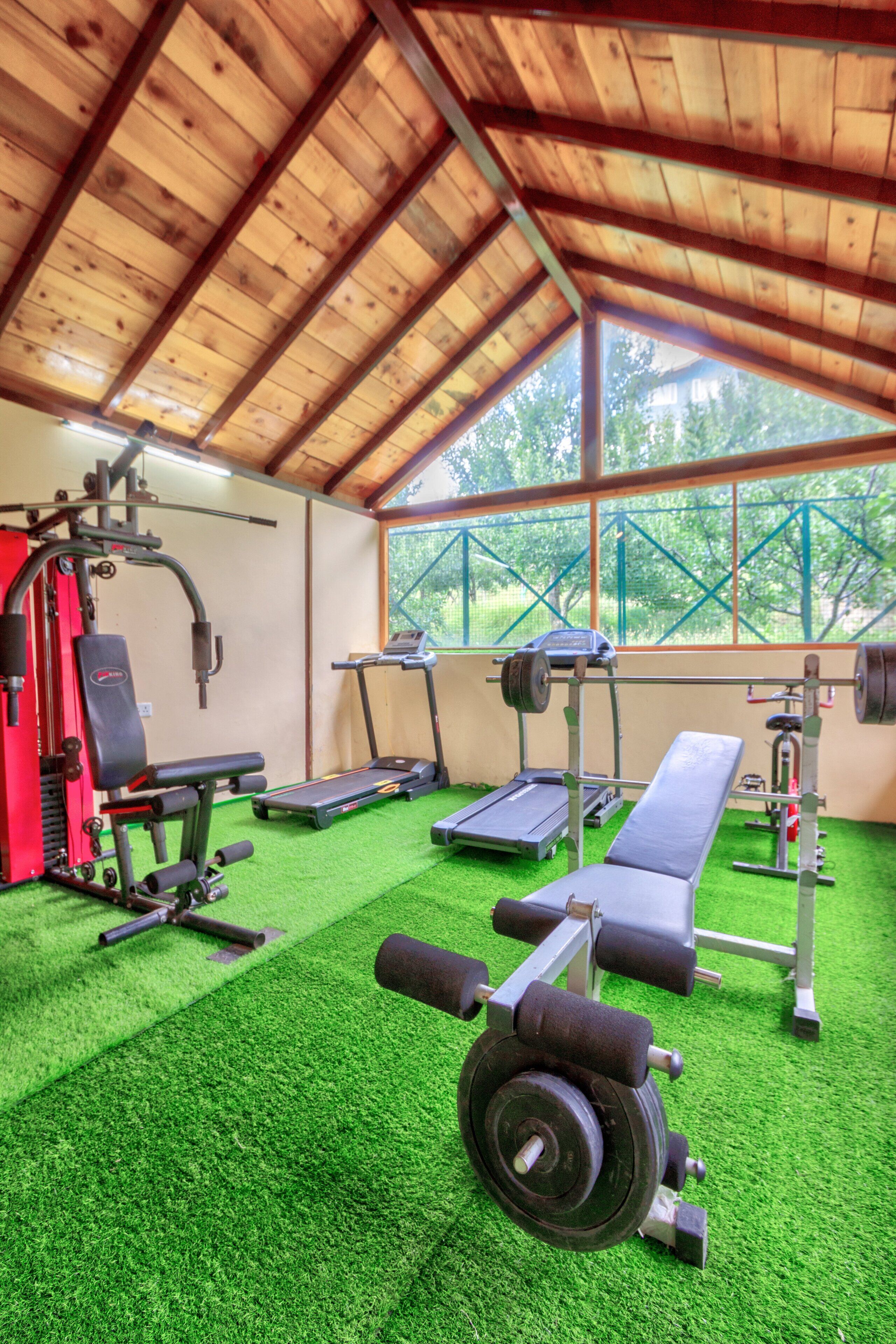 A gym with a wooden ceiling, green artificial turf, and various exercise equipment.