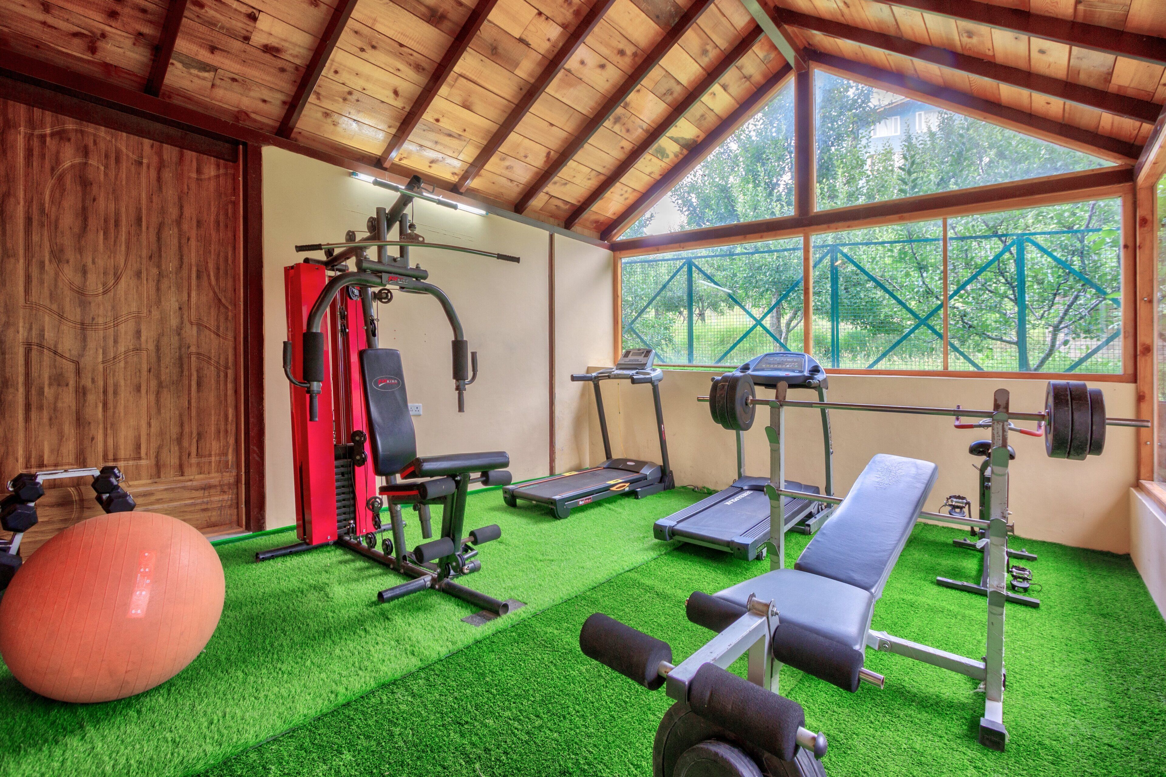 Ett gym med träningsredskap, en bänk och en stor träningsboll.