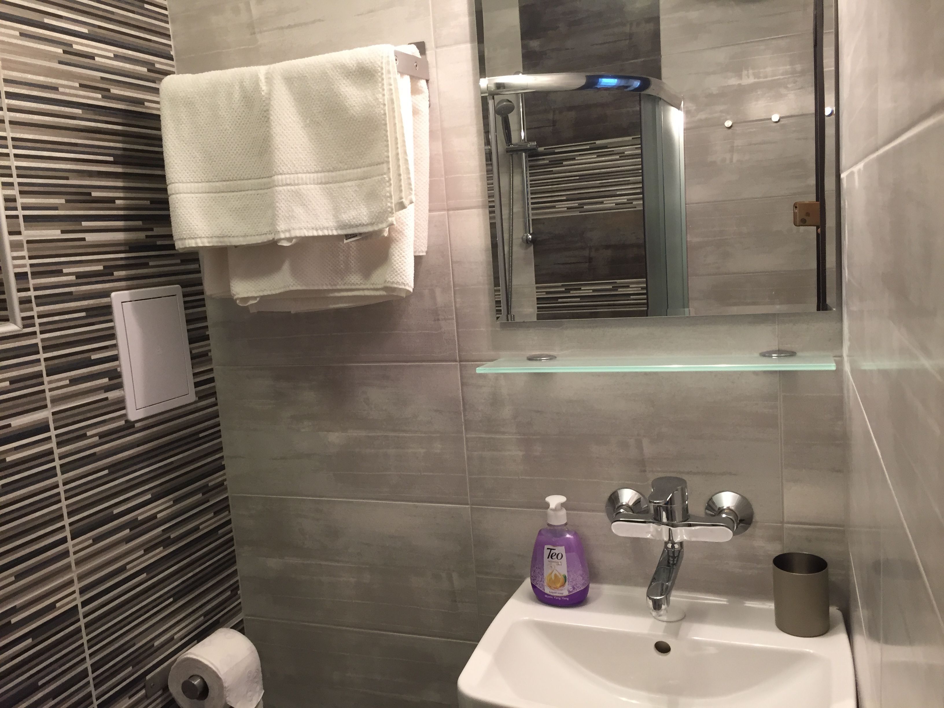 A modern bathroom with a glass shelf, a white sink, a mirror, and a towel rack.