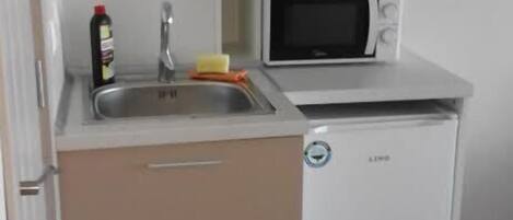Une cuisine compacte équipée d’un évier, d’un four à micro-ondes et d’un lave-vaisselle.