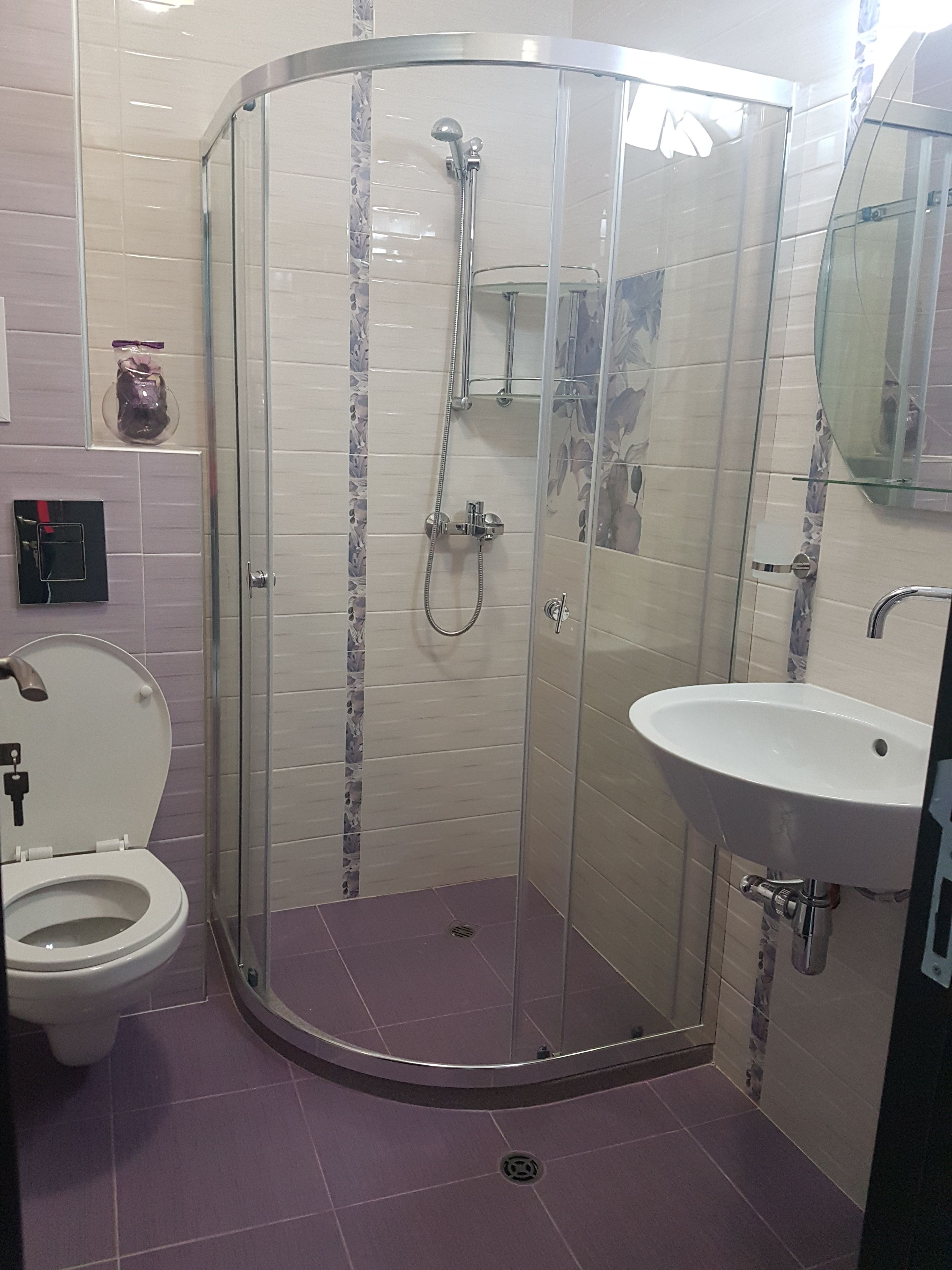 A modern bathroom with a glass-enclosed shower, a white sink, and a toilet.
