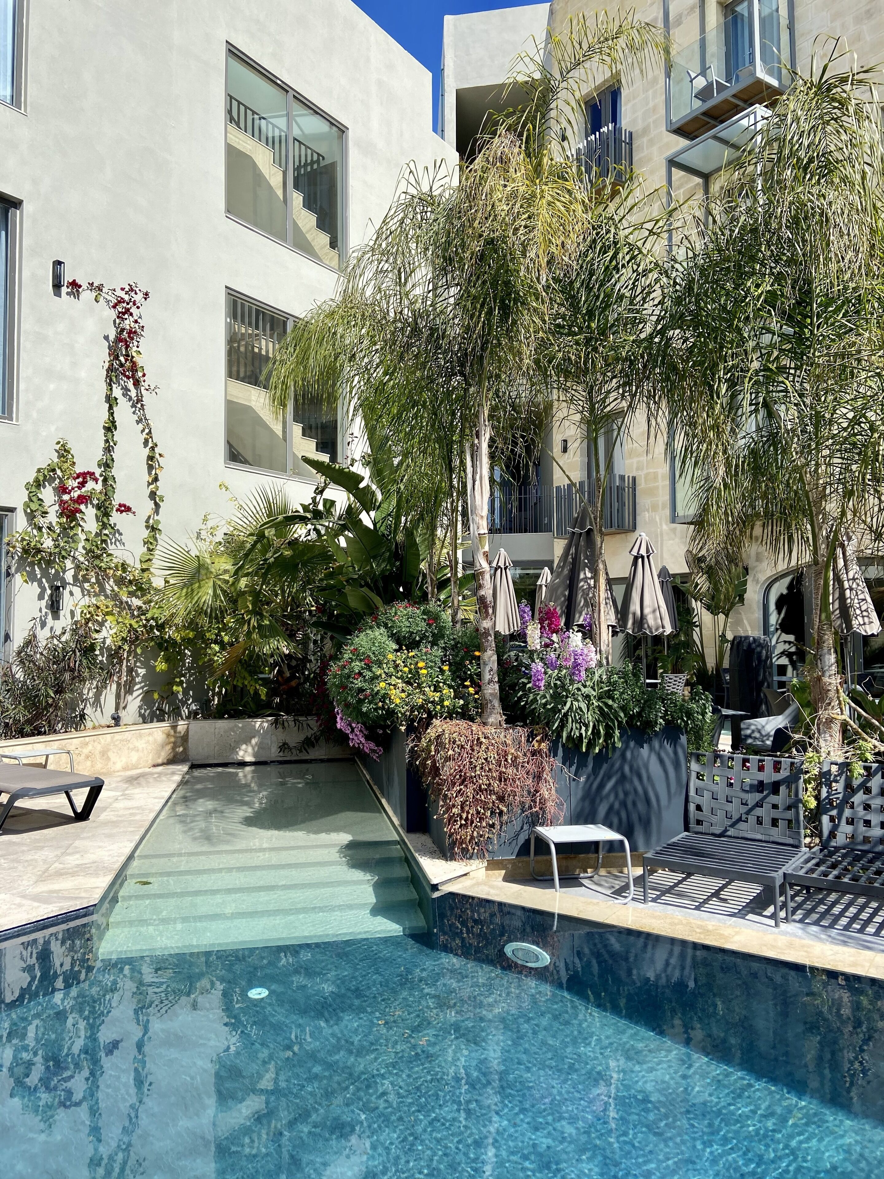 indoor pool, seasonal outdoor pool, pool loungers