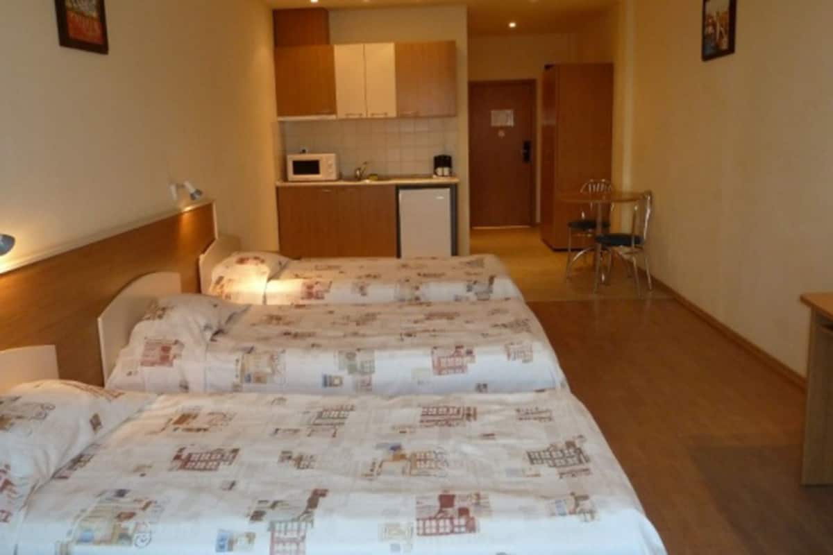 A hotel room with two beds, a kitchenette, a desk, and a chair.