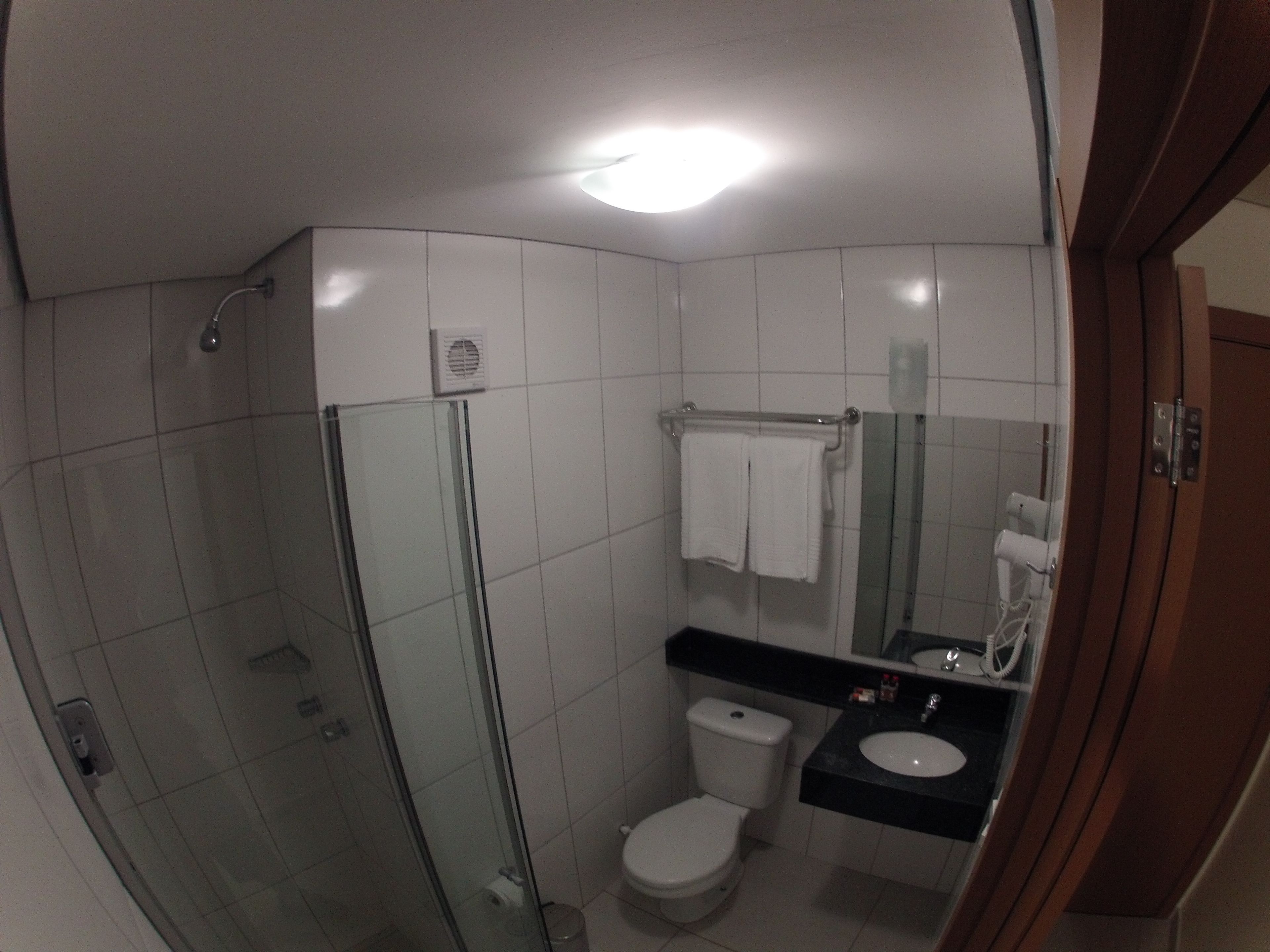 A bathroom with a glass-enclosed shower, a toilet, and a sink with a mirror.