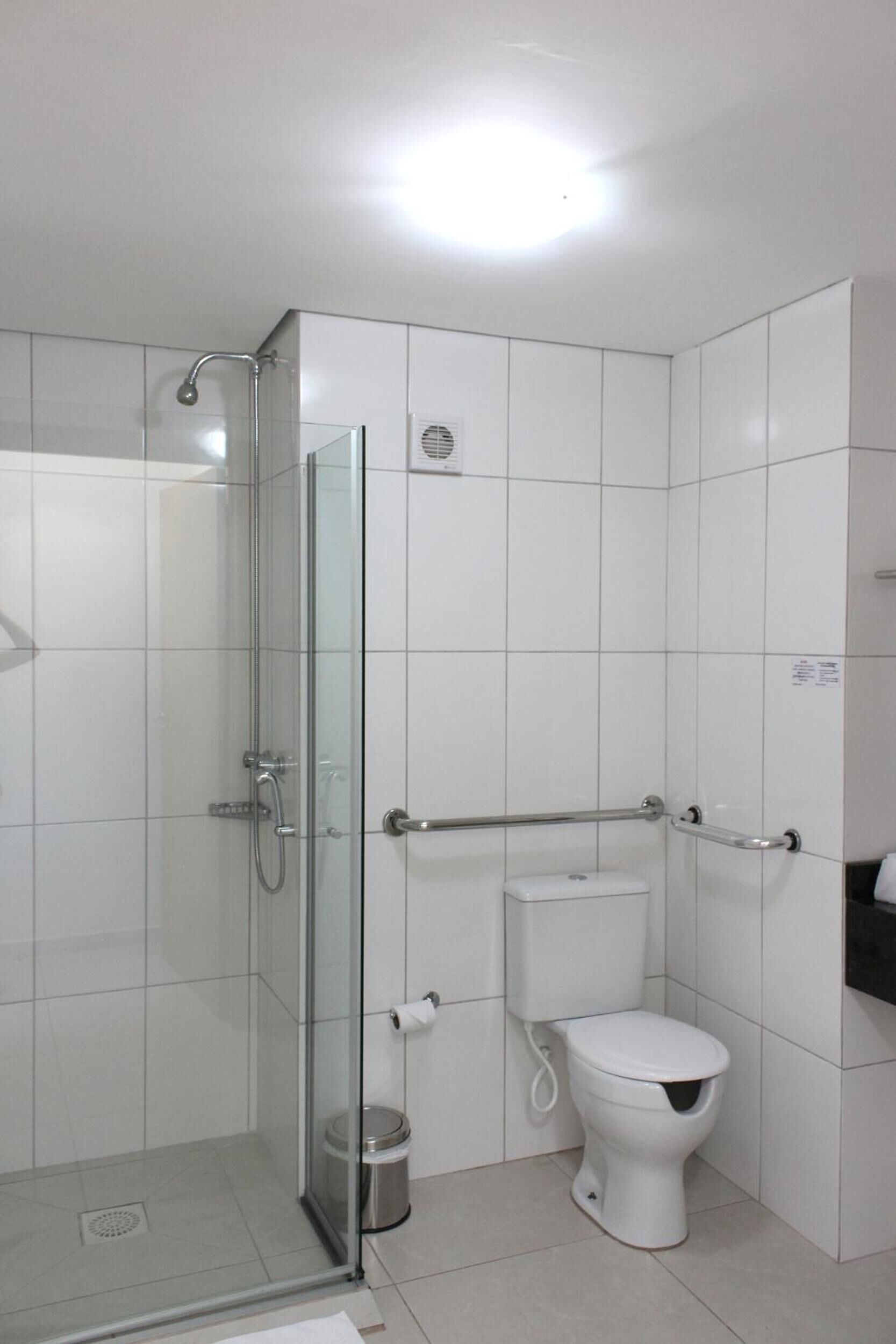 A modern bathroom with a glass shower enclosure, a white toilet, and a handrail for accessibility.