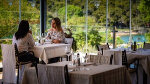 A restaurant with tables set for dining, featuring a scenic view of a forest and a beach.