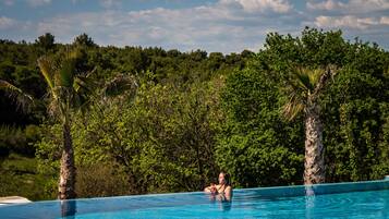 Una piscina con palmeras y un fondo arbolado.